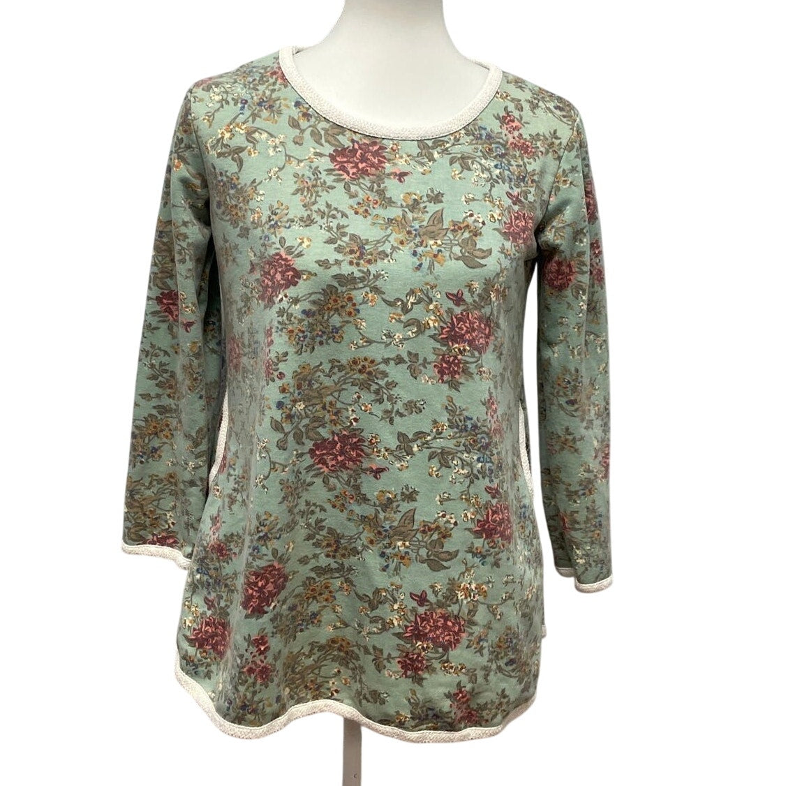 OJT Womens Medium Long Sleeve Crew Neck Floral Cotton Blend Top w Pockets