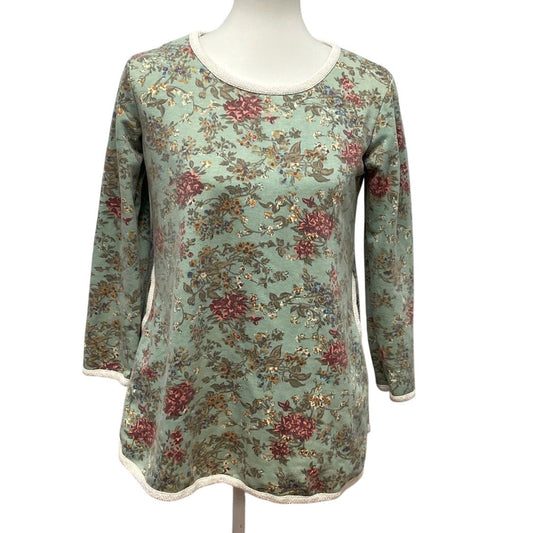 OJT Womens Medium Long Sleeve Crew Neck Floral Cotton Blend Top w Pockets