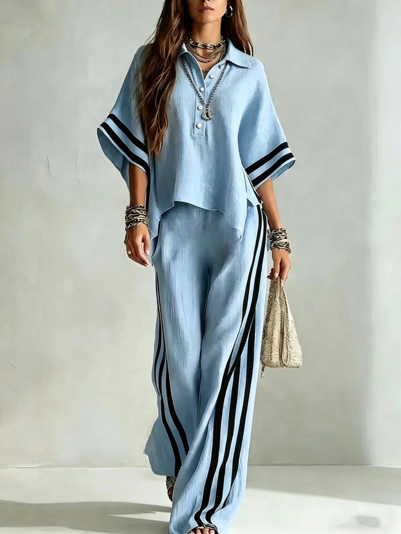 Womens Clothing Short-Sleeve Shirt And Loose Pants Two-Piece Set
