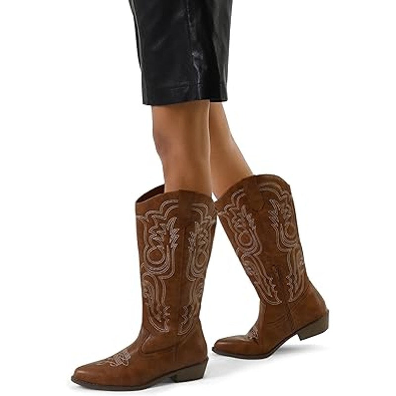 Mysoft Womens Size 9.5 Brown Embroidered 1.5" Chunky Heel Cowboy Western Boots