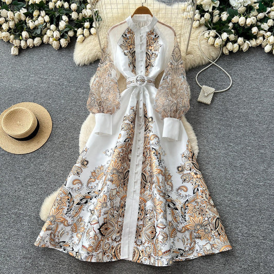 Vintage Lantern Sleeve Floral Dress – Summer Mandarin Collar Tie-Waist A-Line Maxi, Graceful Shift