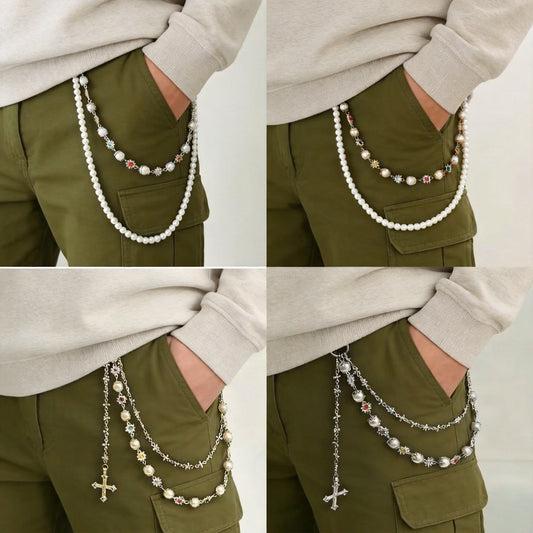 Vintage Multi-Layer Cross Pendant Pearl Flower Color Waist Chain Fashion Pants Chain