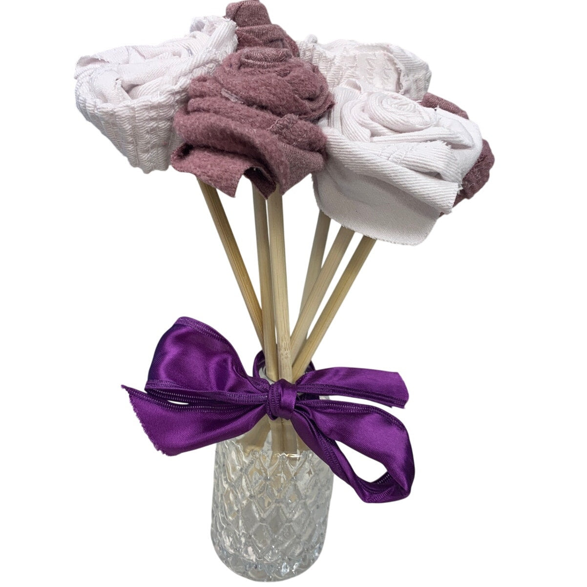 Handmade Upcycled Fabric Denim Valentine's Day Gift 6 Rose Bouquet in Glass Vase