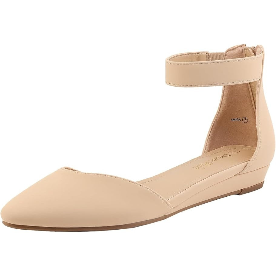 Dream Pairs Womens Size 8 Tan 1" Wedge Flats Ankle Strap Pointed Toe Shoes
