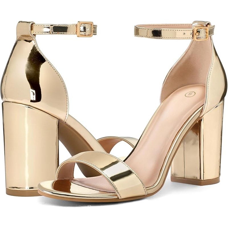 Coasis Womens Size 9 Gold 3.5" Block Heels Open Round Toe Ankle Strap Shoes