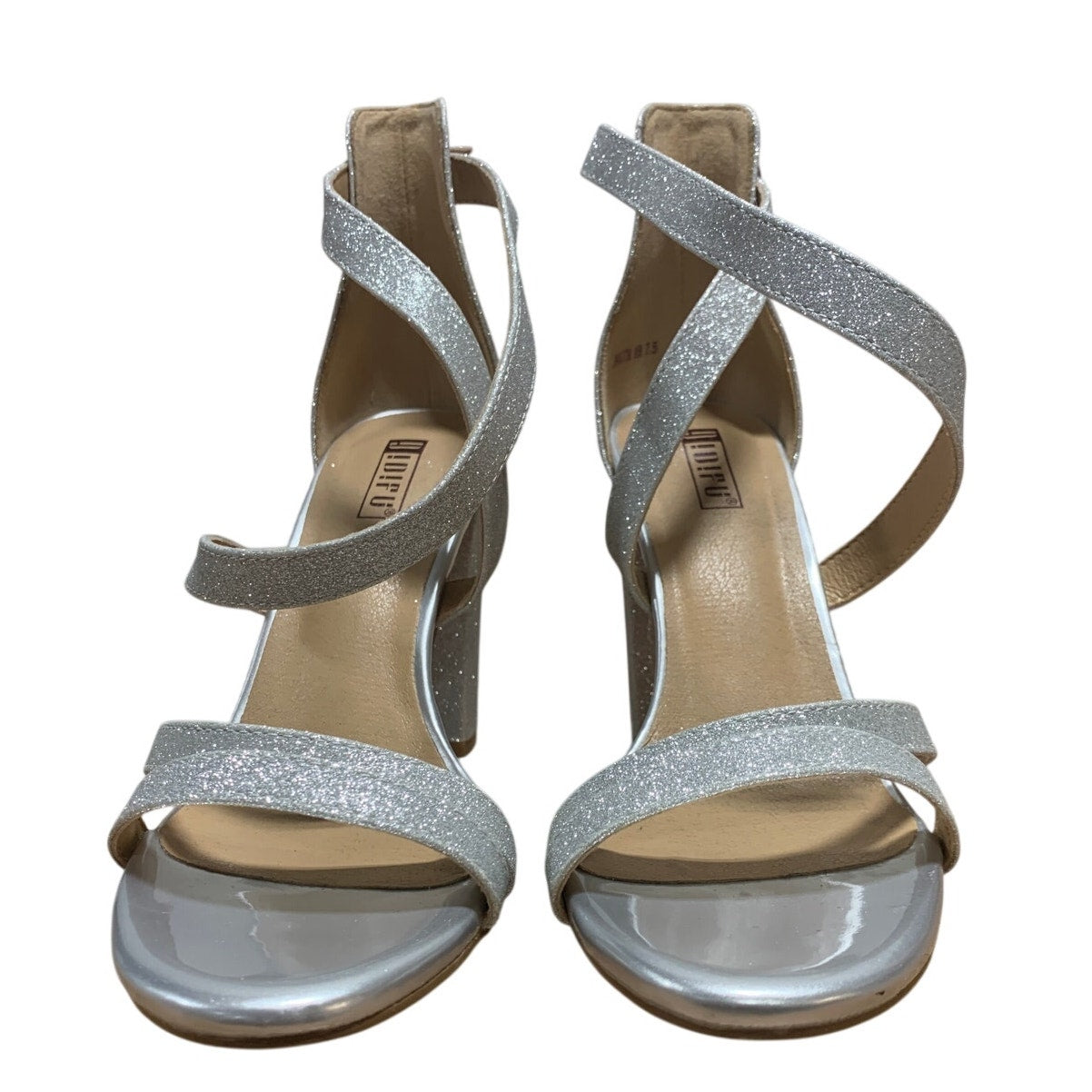 Idifu Womens Size 7.5 Silver Glitter 4" Heels Open Round Toe Ankle Strap Shoes