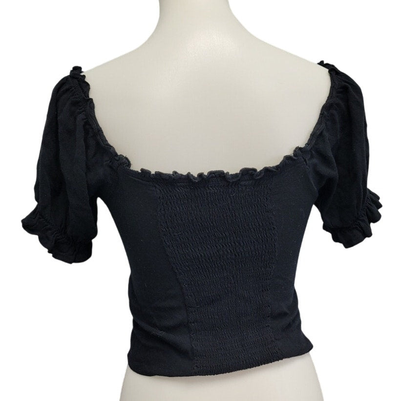 Crave Fame Womens Medium Cropped Scoop Neck Front Lace Up Stretchy Black Top
