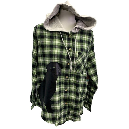 New Hand Printed Womens XXL Black Lab Dog Long Sleeve Plaid Flannel Hoodie