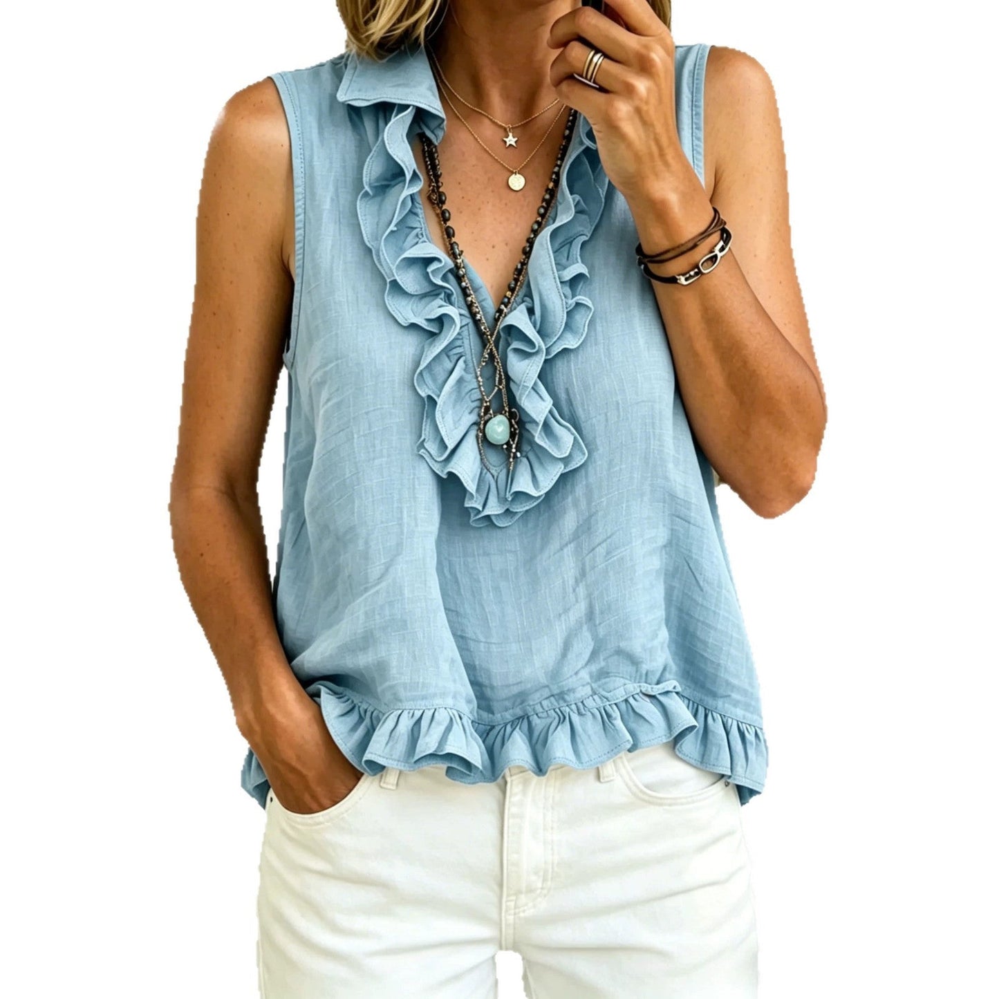 Fashionable V-neck Ruffled Sleeveless Tank Top
