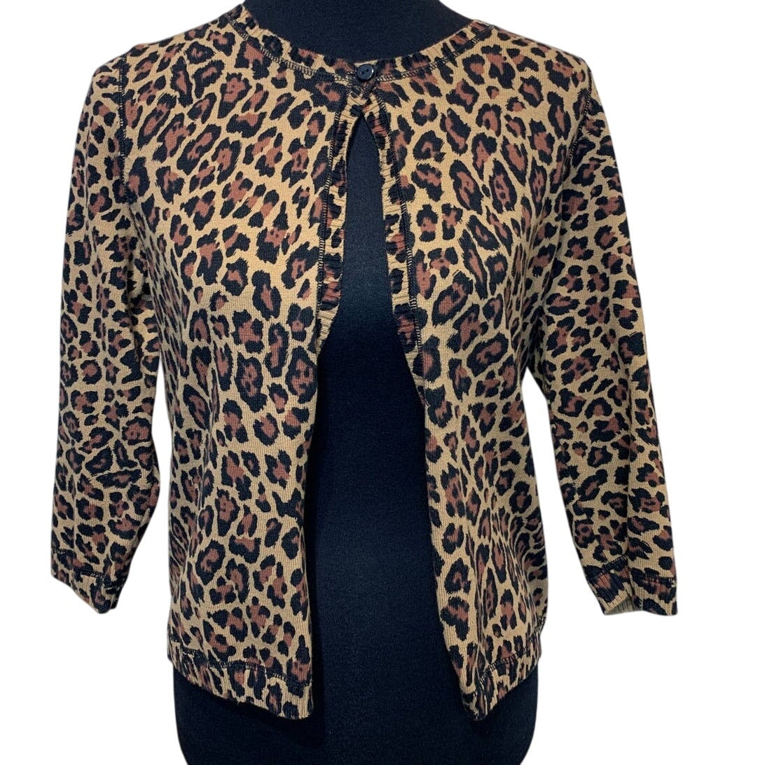 Ruby Rd Womens Small Leopard Spot Open Top Button Cotton Blend Cardigan Sweater