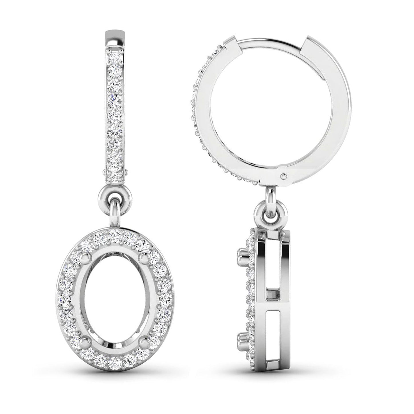 0.32 Carat Genuine White Diamond 14K White Gold Semi Mount Earrings - holds 8x6mm Oval Gemstones