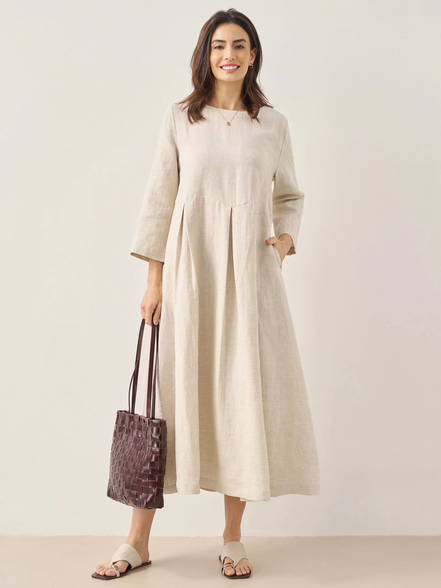 100% Linen Bateau Neck Pleated Midi Dress
