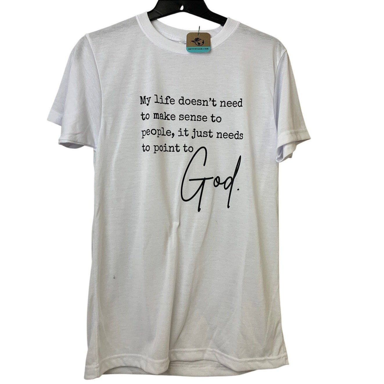 New Hand Printed Womens Small My Life Makes Sense To God Crew Neck Tee Shirt