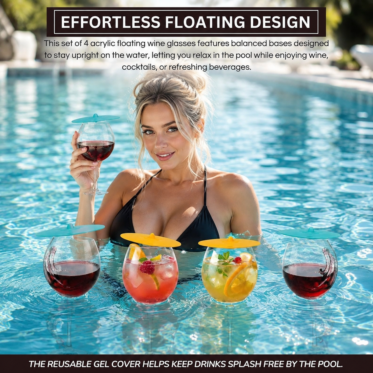 Floating Wine Glasses for Pool with Lids (Set of 4) – 21oz