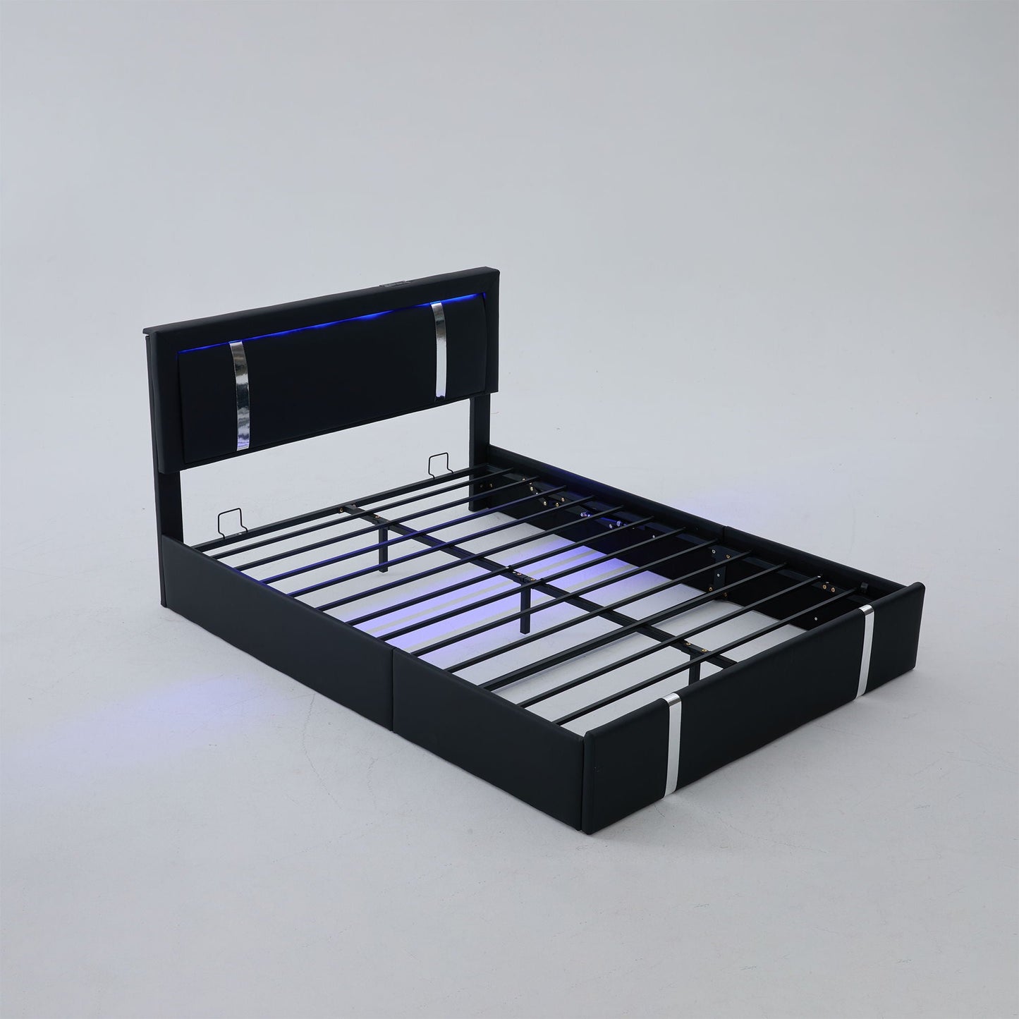 Upholstered Platform Bed Frame With Adjustable LED Headboard, USB C-Charging, Hydraulic Lift