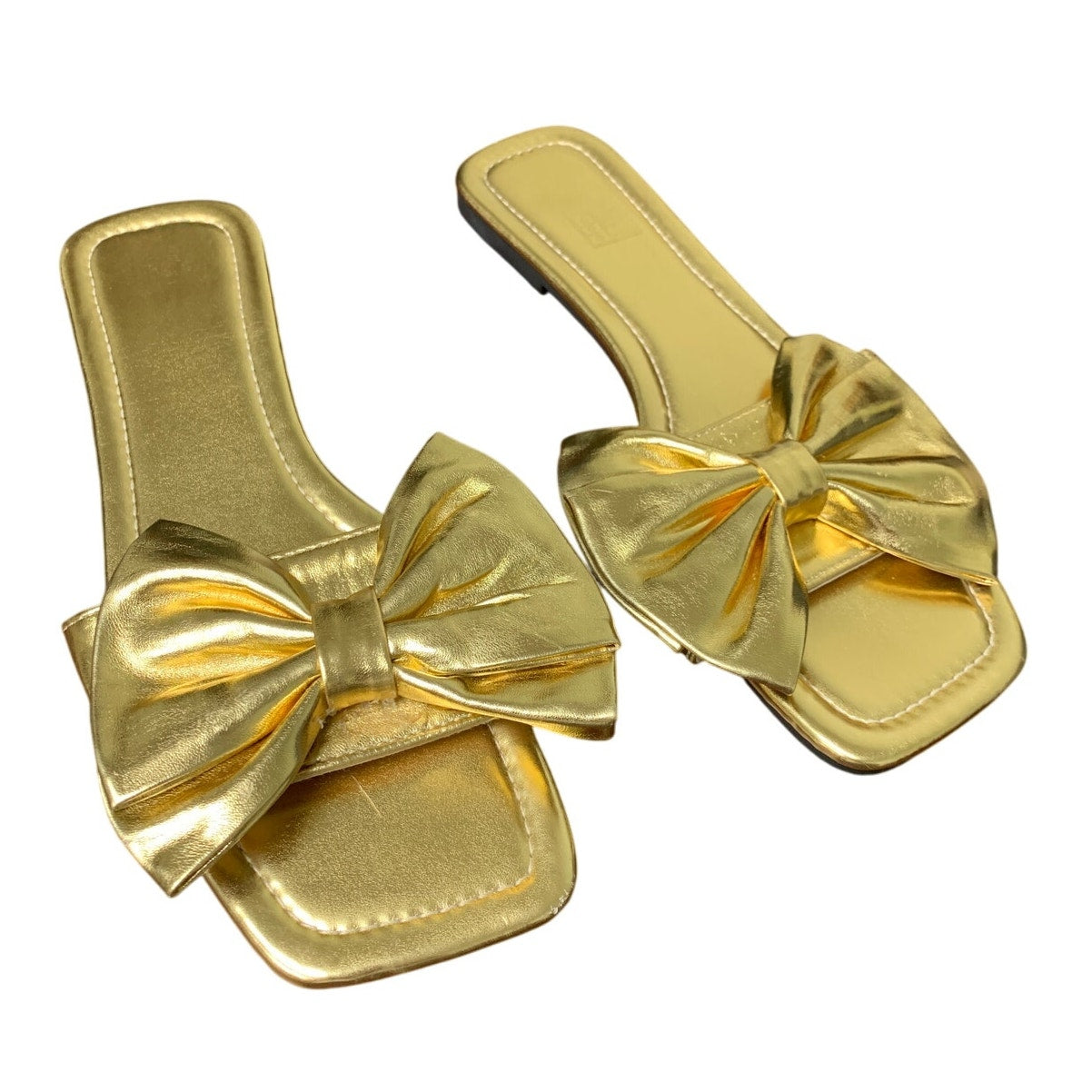Gorglitter Women Size 9 Shiny Gold Bow Square Open Toe Slip On Flat Sandal Shoes