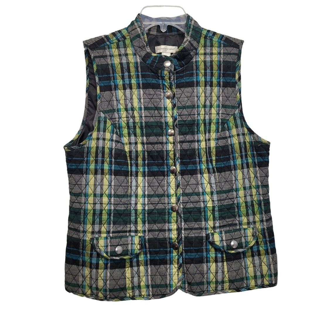 Christopher & Banks Womens Medium PolyCotton Plaid Snap Up Vest w Front Pockets