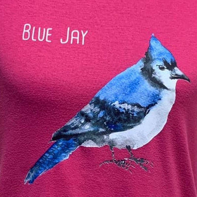 Hand Printed Upcycled Women Large Wingspan Inspired Watercolor Blue Jay Bird Tee