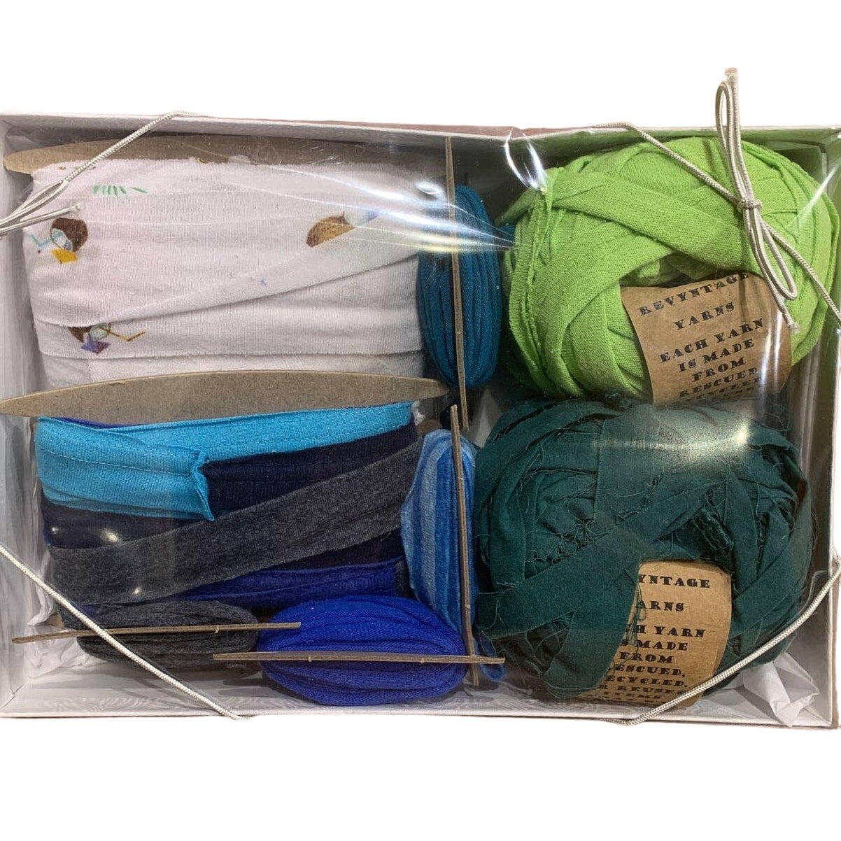 100 yds Handmade Upcycled T-Shirt Fabric Ribbon Yarn Sampler Pack Greens Blues