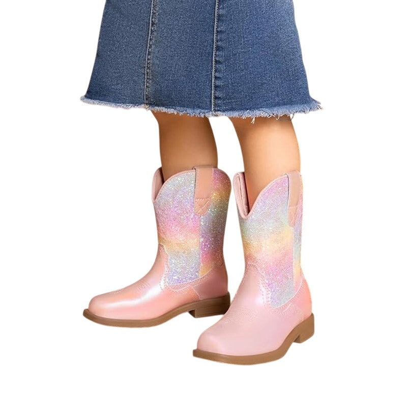 Dream Pairs Girls Size 7 Pastel Glitter Pull On Low Heel Western Cowboy Boots