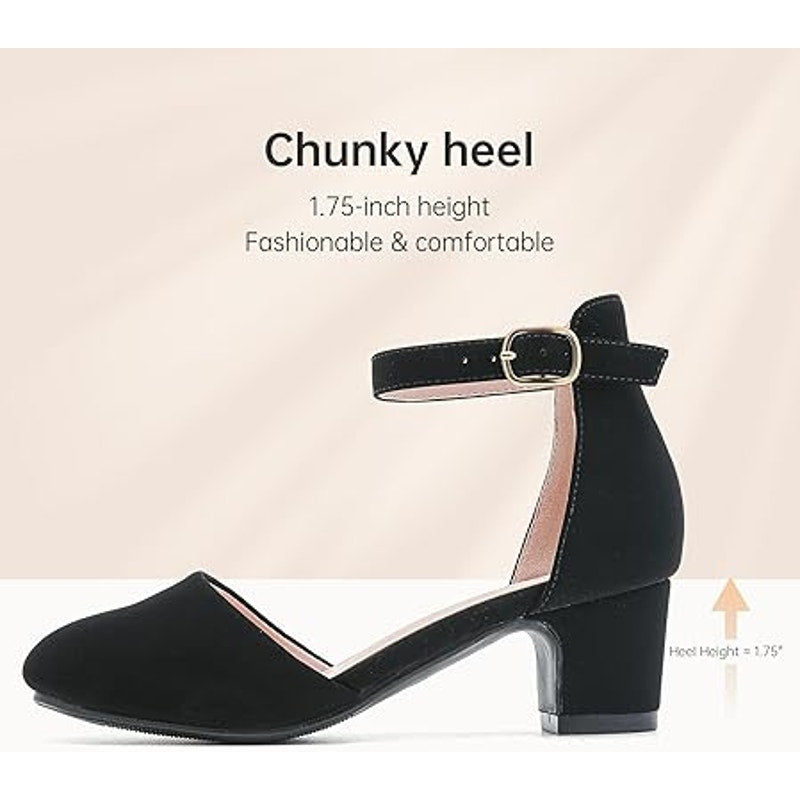 Laurmosa Big Girls Size 2 Black Faux Suede Closed Toe Ankle Strap 2" Heel Shoes