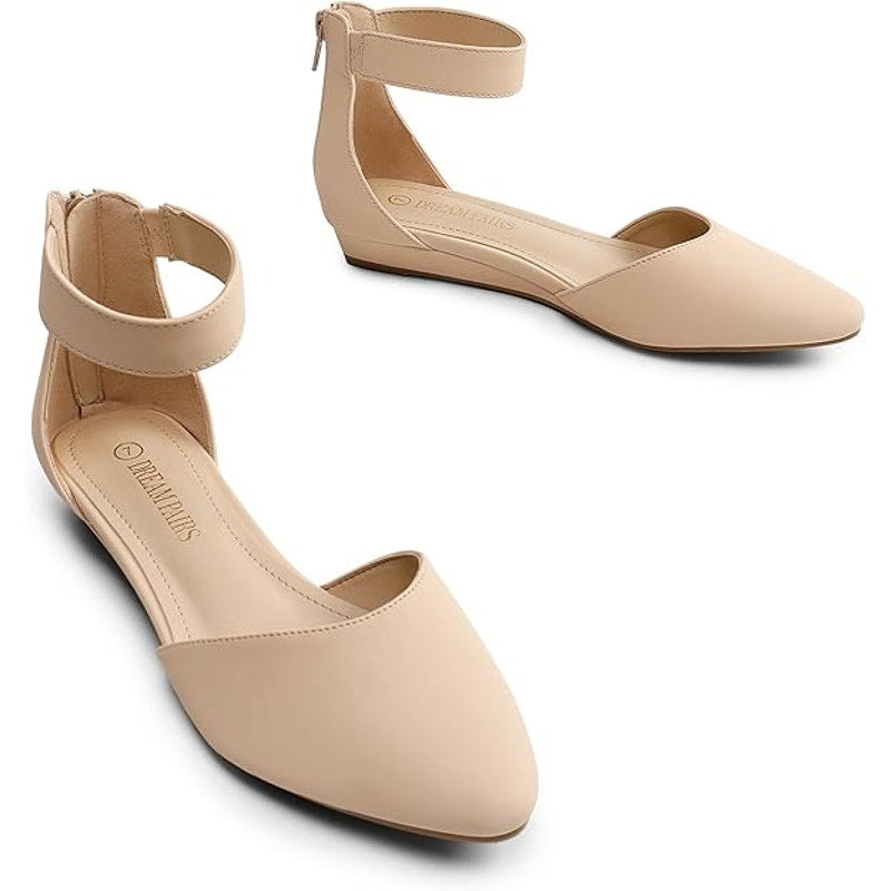 Dream Pairs Womens Size 8 Tan 1" Wedge Flats Ankle Strap Pointed Toe Shoes