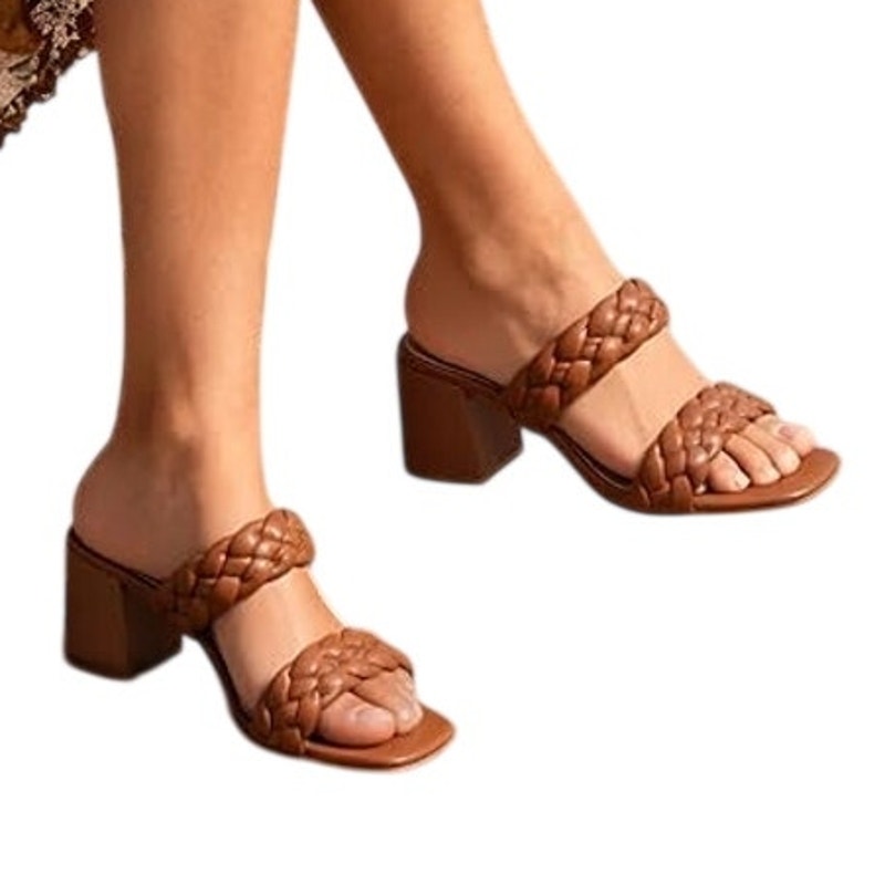 Athlefit Womens 8.5 Chstnut Brown Braided 2.5" Block Heel Sandals Open Toe Shoes