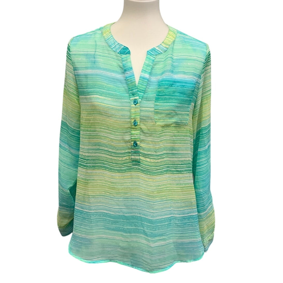 Christopher & Banks Womens Small Sheer Long Sleeve Half Button Striped Blouse