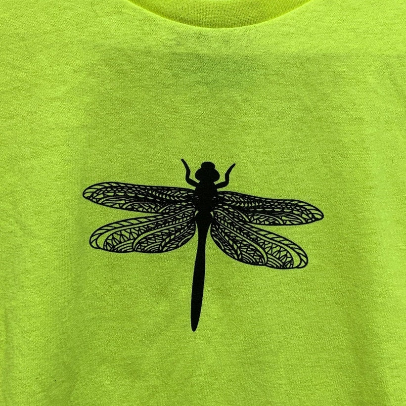 Hand Printed Upcycled Kids Medium Dragonfly Neon Yellow Short Sleeve Tee Shirt