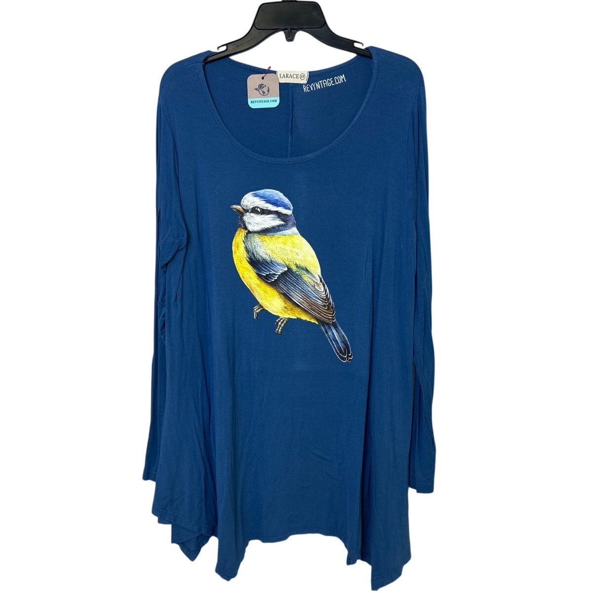 Upcycled Hand Printed Womens 3X Yellow Blue Wild Bird Long Sleeve Tee Shirt