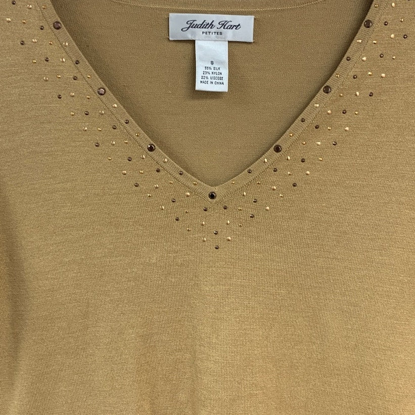Judith Hart Womens Small Petite Silk Blend Rhinestone V Neck Long Sleeve Top