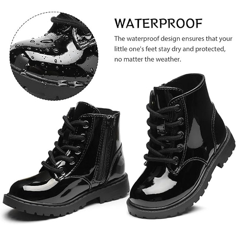 Girls Size 10 Black Patent Leather Lace Up Size Zip Ankle Combat Dressy Boots
