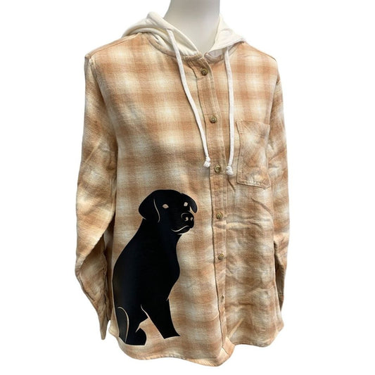 New Hand Printed Womens XXL Black Lab Dog Long Sleeve Plaid Flannel Hoodie