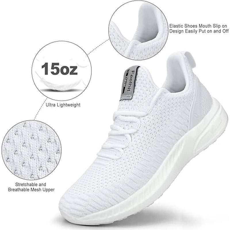 Feethit Mens Size 9 White Sneakers Lace Up Round Toe Lace Up Athletic Shoes