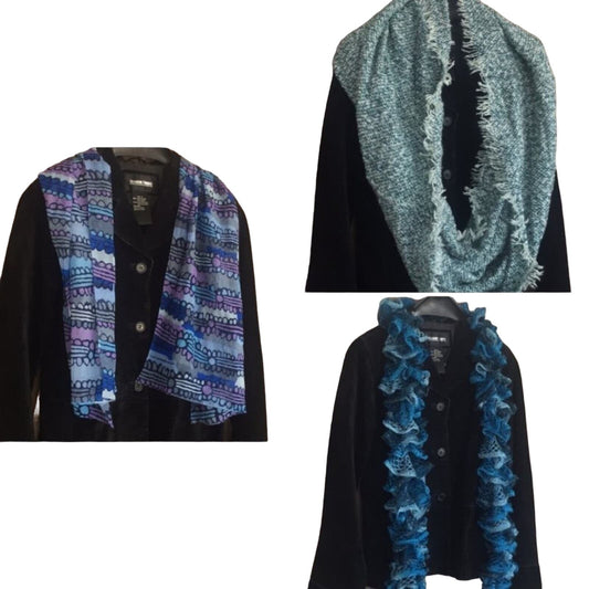 3 Blue Purple Green Infinity Silk Screen Print & Knit Warm Winter Scarves Lot