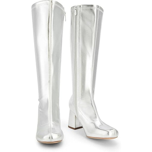 Dream Pairs Womens Size 6 Shiny Silver 3" Block Heel Zip Up Knee High Gogo Boots
