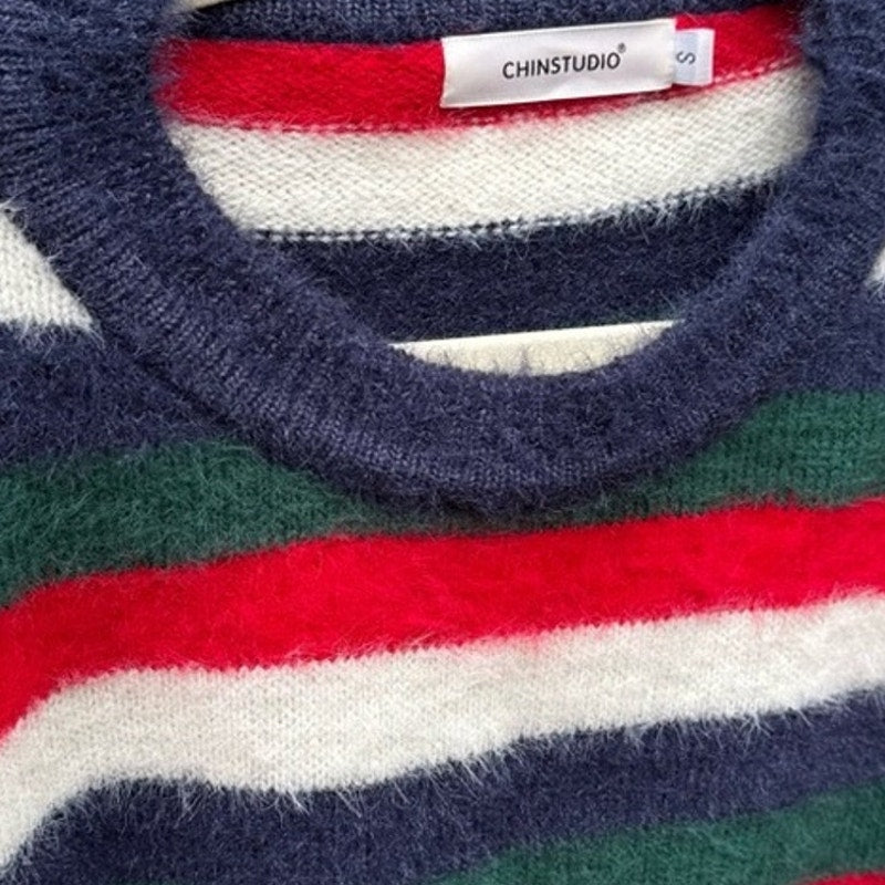 ChinStudio Womens Small Long Sleeve Striped Fuzzy Oversized Knit Sweater