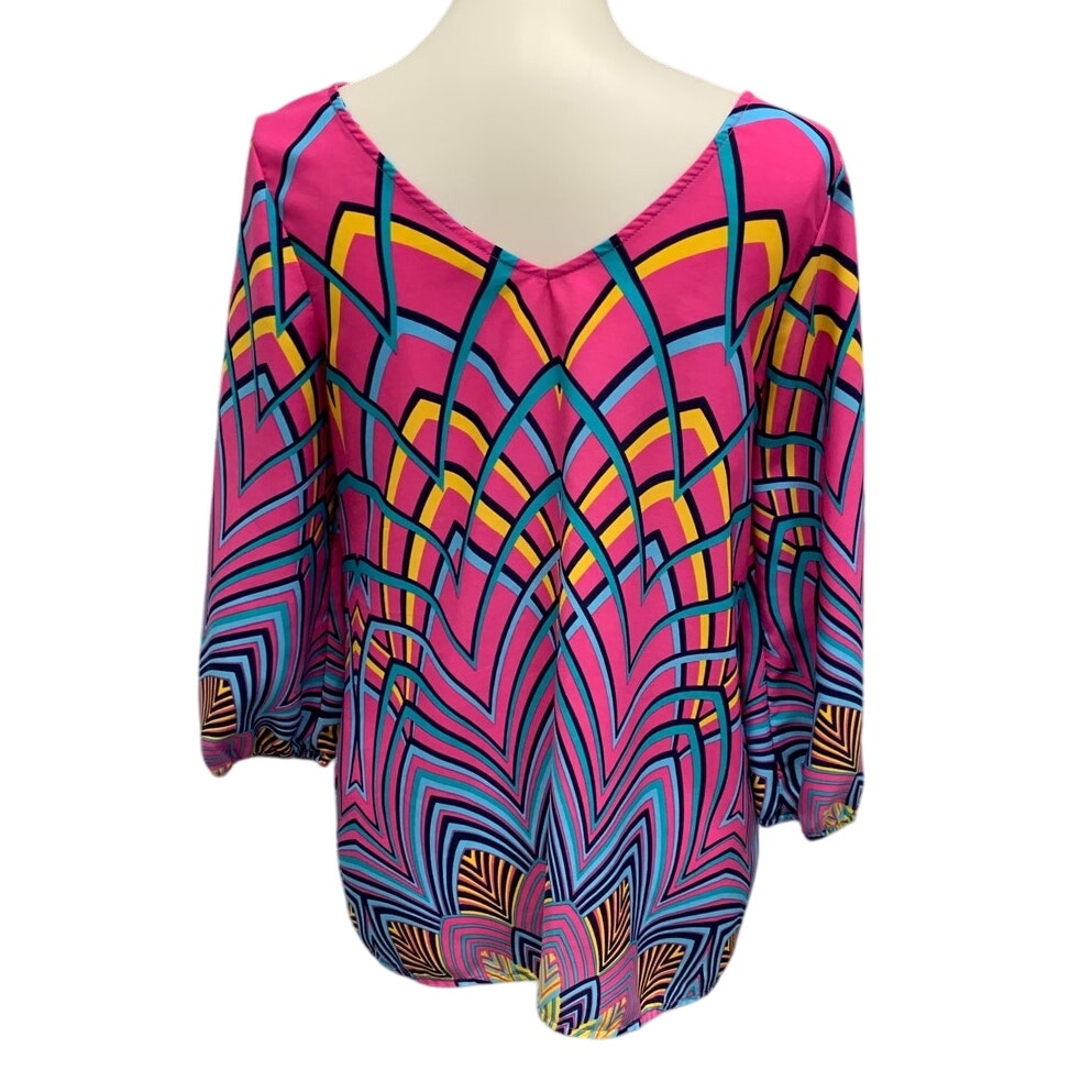 Pink Owl Womens Medium 100% Polyester Art Deco Pattern Blouson Sleeve Blouse