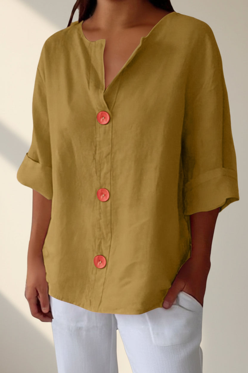 Women’s V-Neck Cotton Linen Buttoned Blouse