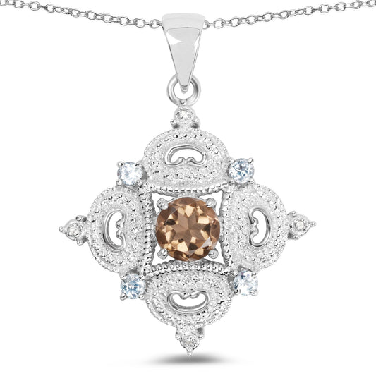 3.00 Carat Genuine Smoky Quartz, Blue Topaz and White Topaz .925 Sterling Silver Pendant