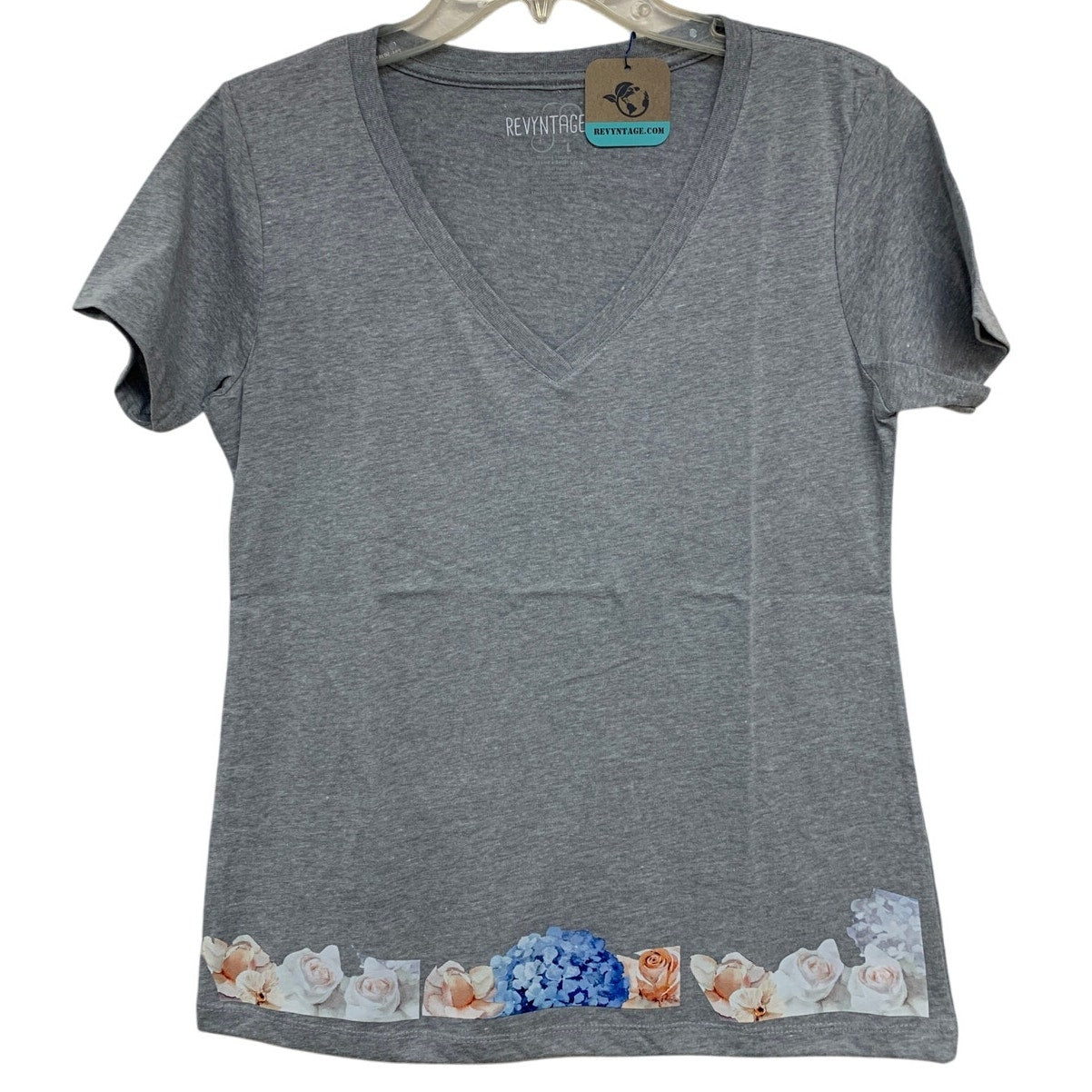 New Hand Printed Large Heathered Gray Floral Wrap Around Short Sleeve Tee Shirt