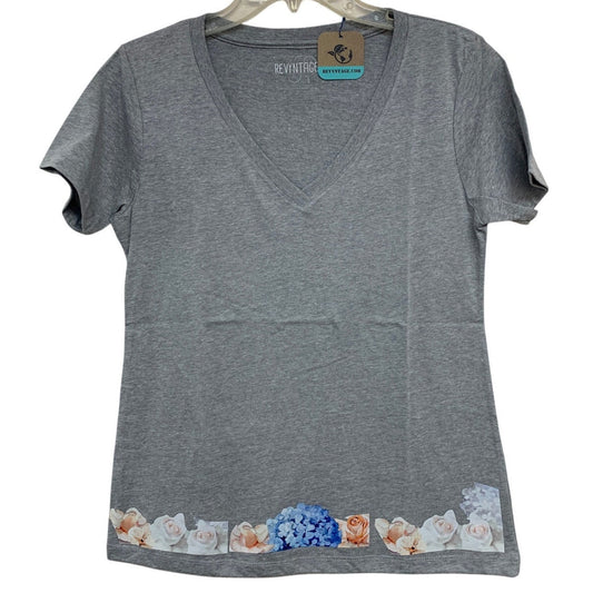 New Hand Printed Large Heathered Gray Floral Wrap Around Short Sleeve Tee Shirt