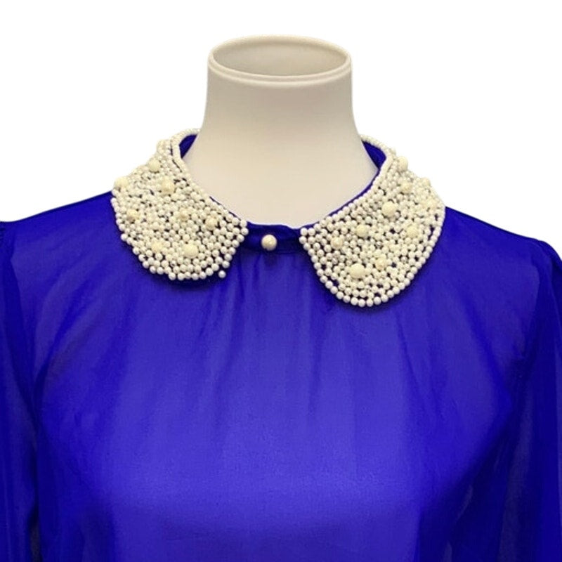 DizzyLizzy Womens Large Sheer Lightweight Pearl Beaded Collar Blouson Sleeve Top