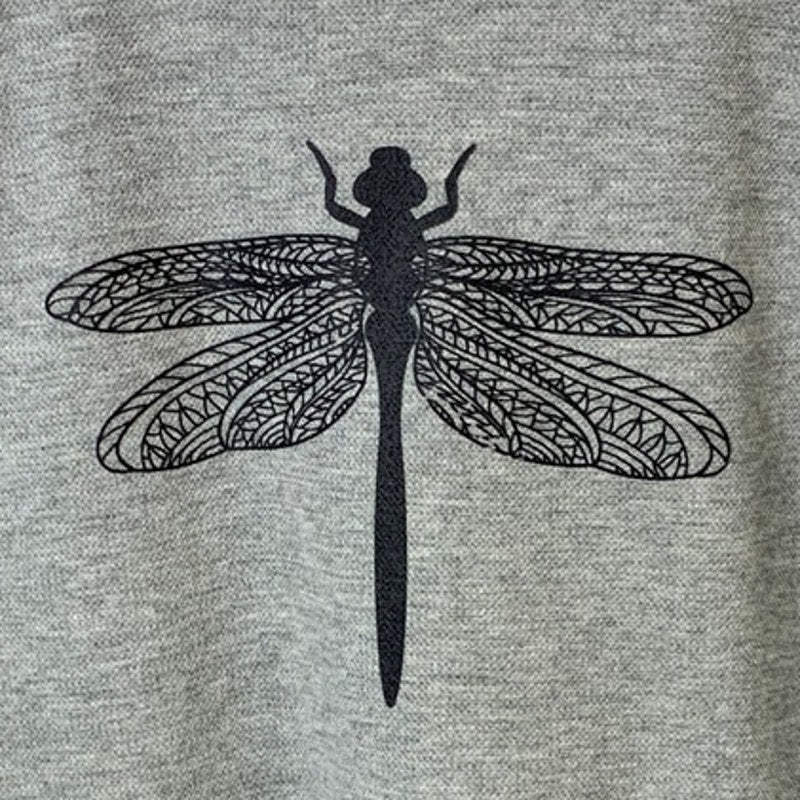 Upcycled Hand Printed Mens Medium Gray Heather Dragonfly Long Sleeve Sweatshirt