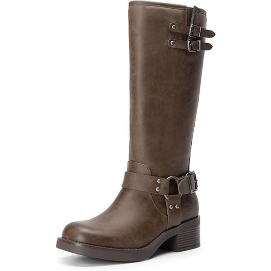 Dream Pairs Womens Size 8 Brown Faux Leather 2" Block Heel Knee High Moto Boots
