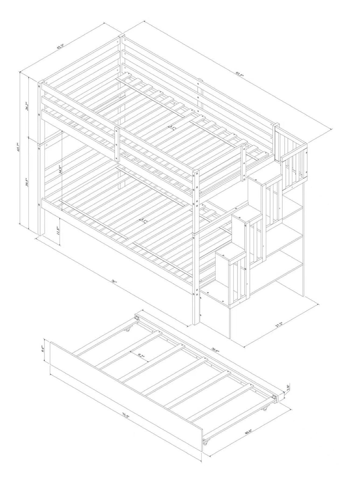 Twin Bunk Beds With Trundle & Stairway Storage In White