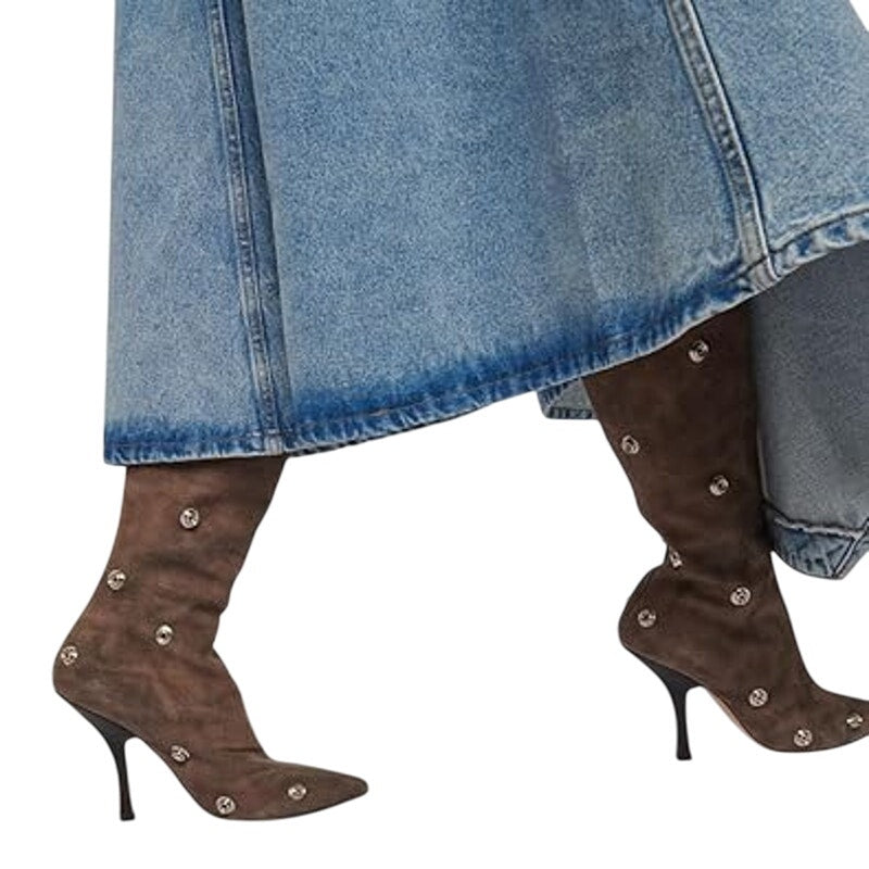 New Arqa Womens 7.5 Brown Faux Leather Studded 4" Heel Knee High Boots Shoes
