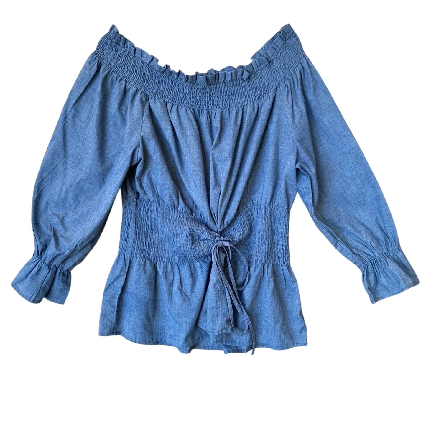 Ashley Stewart Womens Size 16 Blue Off-Shoulder Long Sleeve Smocked Blouse