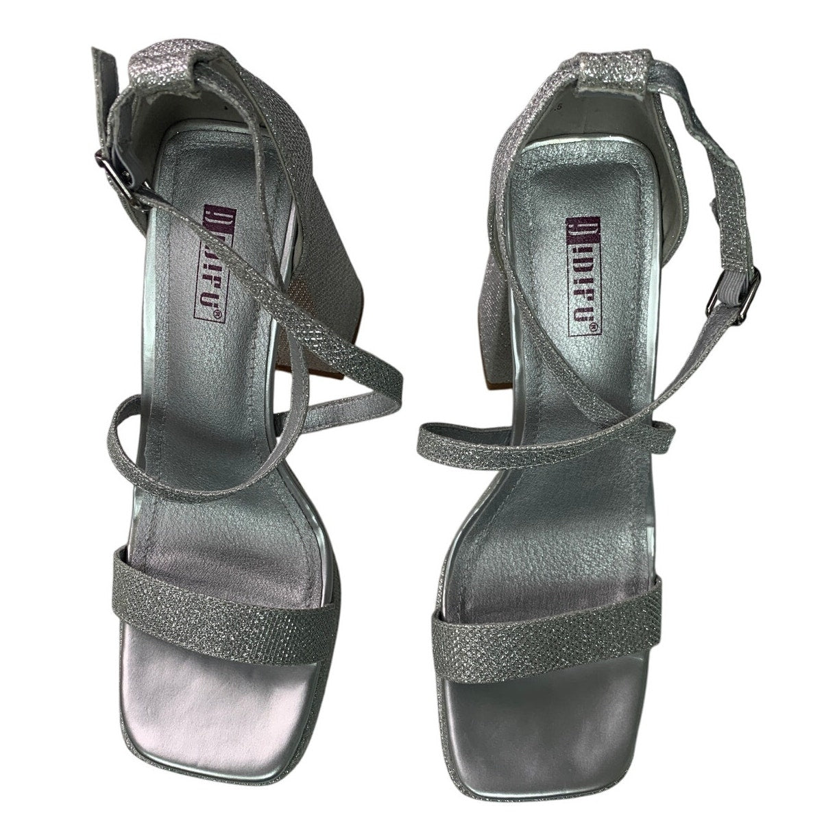 Idifu Womens 7.5 Silver Gillter Open Toe 4" Block Heel Ankle Strap Sandal Shoes