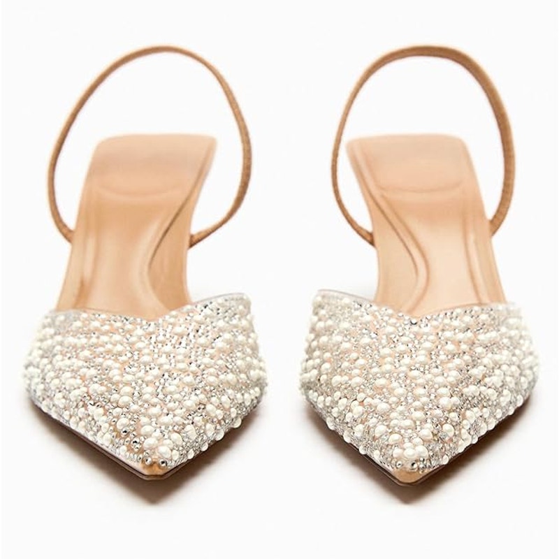 YIYA Womens Size 6.5 White Pearl Stud Clear Closed Toe Slingback 3" Heel Shoes
